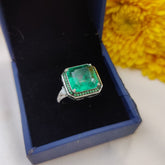 Emerald-Cut Green Gemstone Ring with Moissanite Accents in 925 Sterling Silver